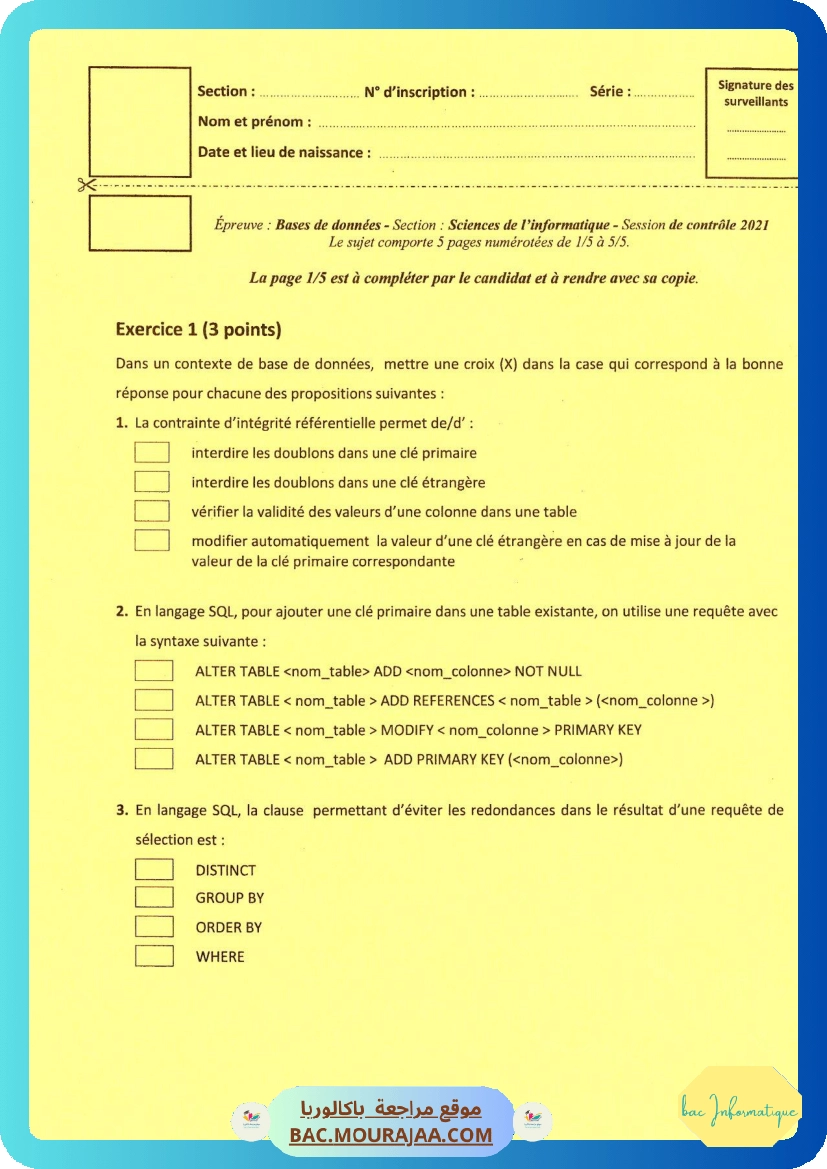 Sujet controle bd Bac 2021 – Section info